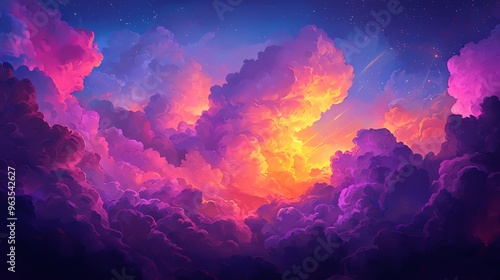 Stunning colorful sunset sky filled with vibrant clouds, creating a dreamlike fantasy scene with purple and orange hues.