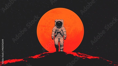 Surreal illustration of an astronaut standing on a red surface with a glowing orange celestial body in the background.