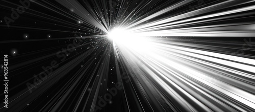 White light rays in space, speed lines on black background. Abstract futuristic design for poster, cover or banner