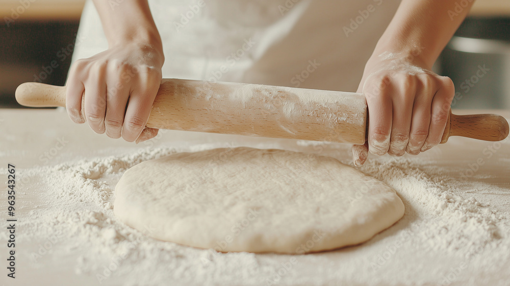 Homemade Pastry: Detailed View of Hands Using a Rolling Pin on Dough Surrounded by White Flour, Showcasing Traditional Bakery Equipment. photo Homemade Pastry: Detailed View of Hands Using a Rolling Pin on Dough Surrounded by White Flour, Showcasing Traditional Bakery Equipment. photo