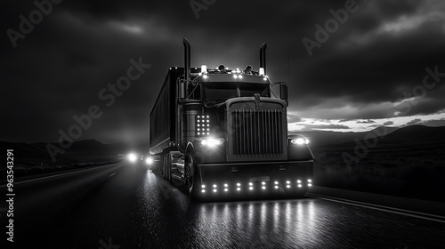 black and white truck image, close-up of truck, night road