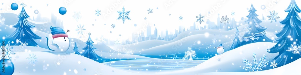 Winter Wonderland with Snowman Trees and Frozen Lake Winter Wonderland with Snowman Trees and Frozen Lake