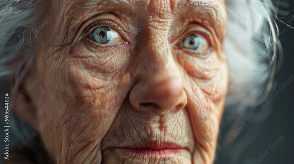 A woman with blue eyes and a wrinkled face. She is looking at the camera. Concept of wisdom and experience A woman with blue eyes and a wrinkled face. She is looking at the camera. Concept of wisdom and experience
