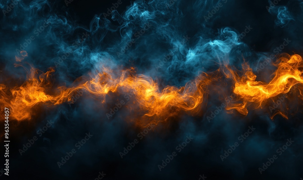 Abstract background with blue and orange flames, smoke, and a black color background Abstract background with blue and orange flames, smoke, and a black color background