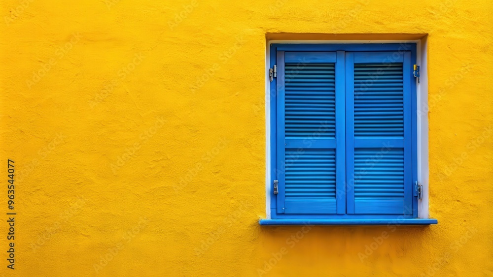 Blue window with shutters on a vibrant yellow wall Blue window with shutters on a vibrant yellow wall