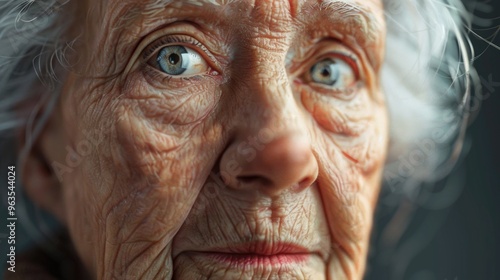 A woman with blue eyes and a wrinkled face. She is looking at the camera. Concept of wisdom and experience