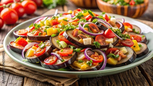 colorful, A low angle close up of a fresh and colorful Filipino dish called Ensaladang Talong featuring grilled eggplants topped with diced tomatoes onions and salted egg photo