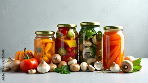 Glass jars of different sizes with canned vegetables and mushrooms lie on a plain background