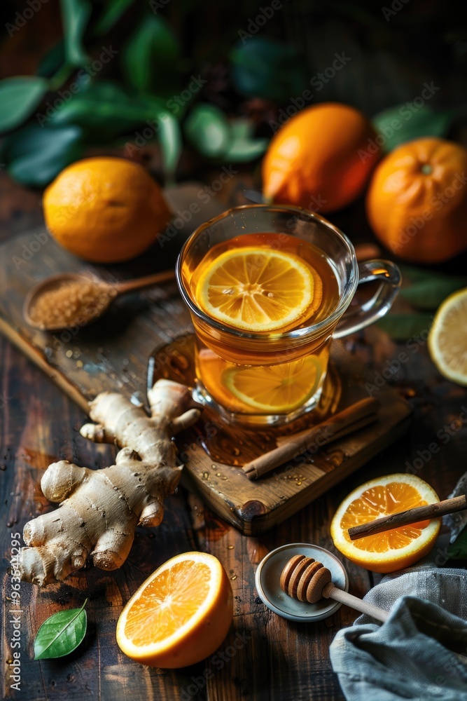 A glass of tea with a slice of orange in it sits on a wooden table. The table is covered with oranges, honey, and a spoon. Concept of warmth and comfort, as the tea A glass of tea with a slice of orange in it sits on a wooden table. The table is covered with oranges, honey, and a spoon. Concept of warmth and comfort, as the tea