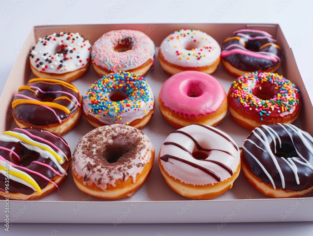 A box of assorted donuts with a variety of colors and flavors. The box is white and the donuts are arranged in rows A box of assorted donuts with a variety of colors and flavors. The box is white and the donuts are arranged in rows