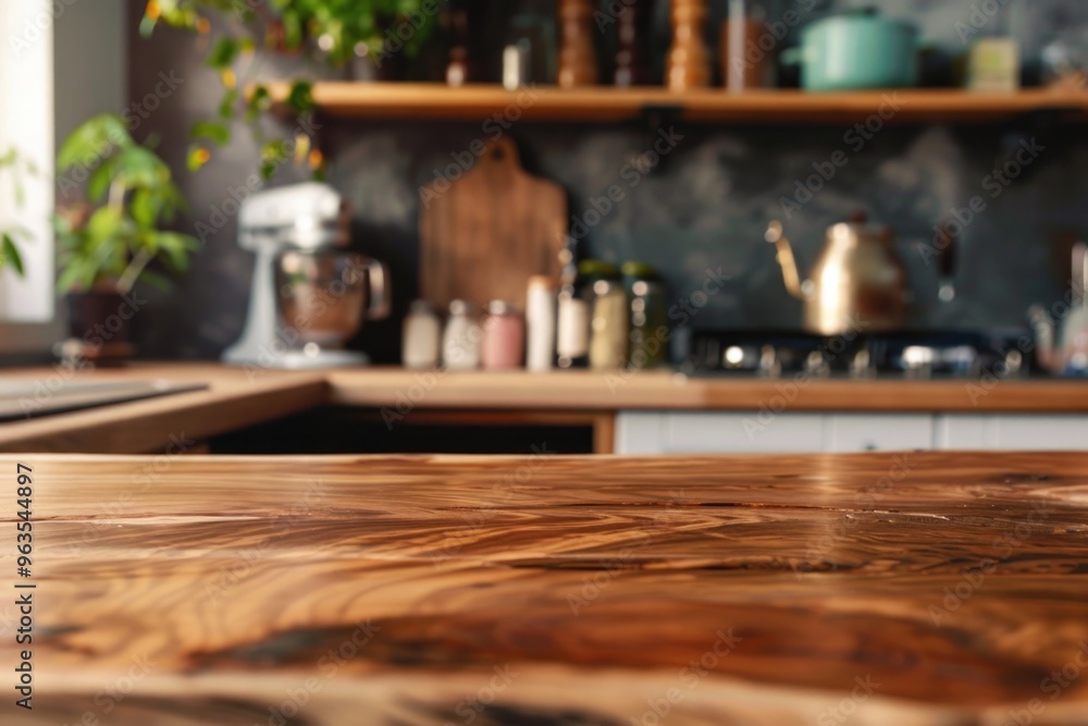A kitchen counter with a wooden top and a potted plant on the left side. The counter is empty except for a few items such as a knife, a bowl, and a cup. The kitchen has a rustic and cozy feel to it A kitchen counter with a wooden top and a potted plant on the left side. The counter is empty except for a few items such as a knife, a bowl, and a cup. The kitchen has a rustic and cozy feel to it