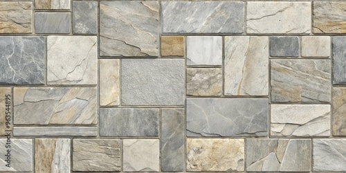 Seamless flagstone outdoor paving textures in random pieces of grey, light grey, beige, and charcoal colors depicting a monochrome pavement surface texture for landscape design photo