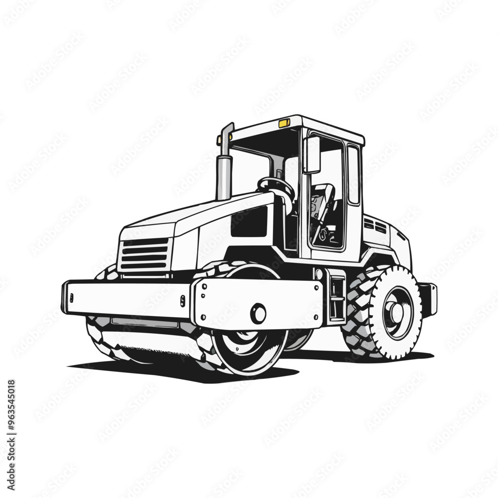 Naklejka premium Road Roller vector artwork. Steamroller black and white clip art silhouette. Roller editable logo design