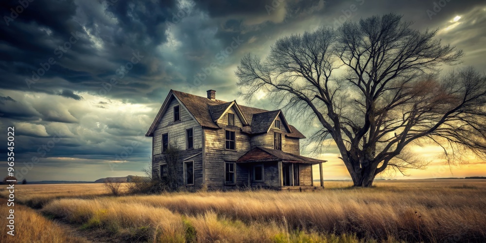 Creepy abandoned house in a field with trees Creepy abandoned house in a field with trees