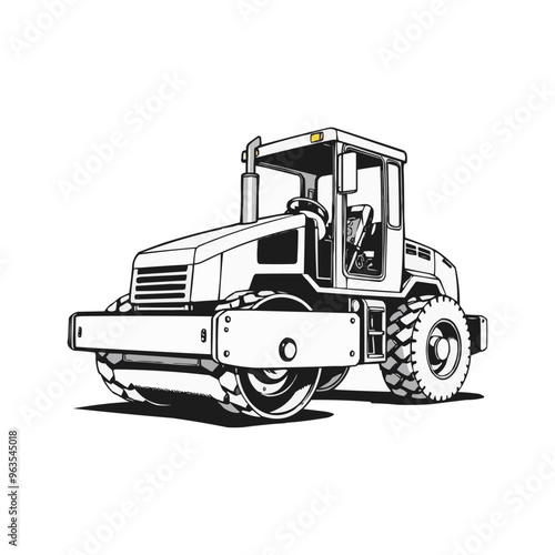 Road Roller vector artwork. Steamroller black and white clip art silhouette. Roller editable logo design