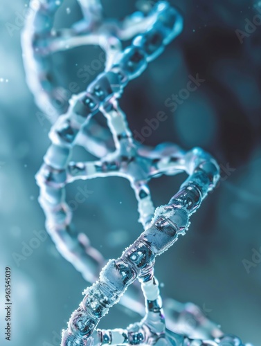 A blue and white DNA strand with a frosty appearance. Concept of scientific exploration and discovery, as well as the complexity and beauty of the human body's genetic makeup