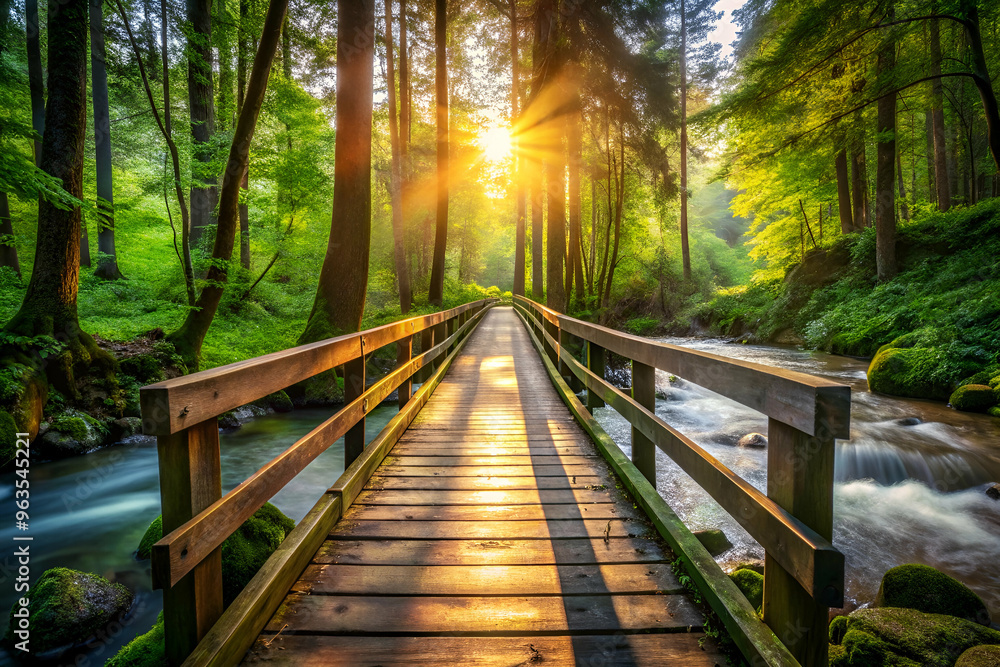 Fototapeta premium A wooden bridge spans a river with a sun shining on it. The sun is in the sky and the water is flowing. The bridge is surrounded by trees and the water is clear