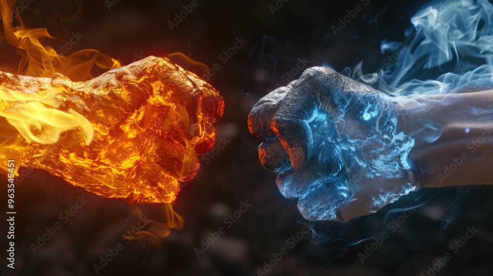 Φωτογραφία Two hands are shown in a fight, one with fire and the other with water
