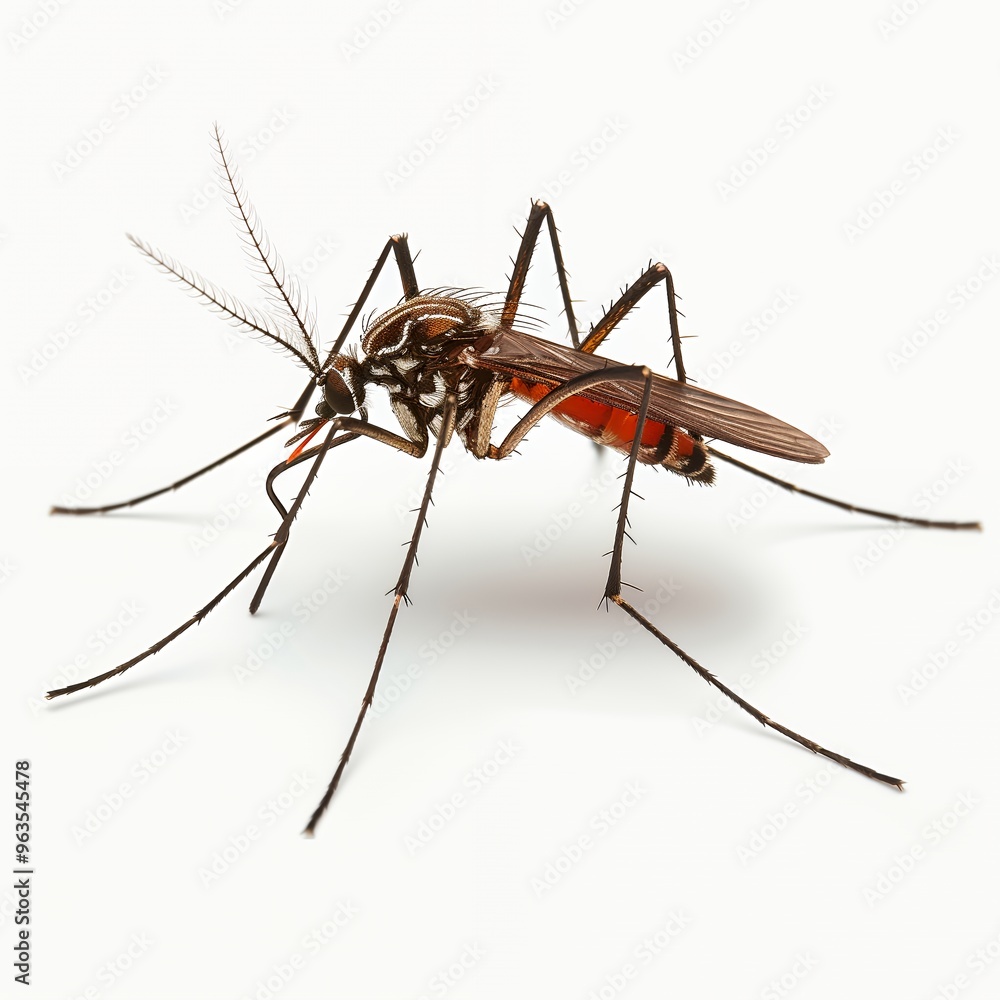Close-up of a mosquito with long, spiky legs, a feathery antenna, and a prominent abdomen, isolated on a white background. Close-up of a mosquito with long, spiky legs, a feathery antenna, and a prominent abdomen, isolated on a white background.