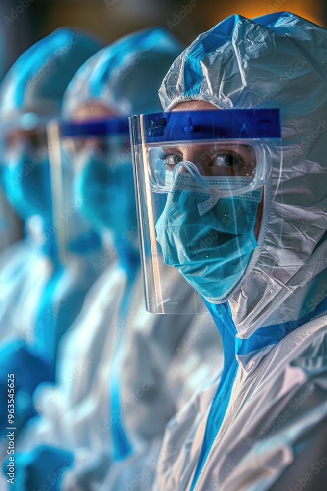 A group of people in white and blue protective gear. One of them is wearing a blue mask A group of people in white and blue protective gear. One of them is wearing a blue mask
