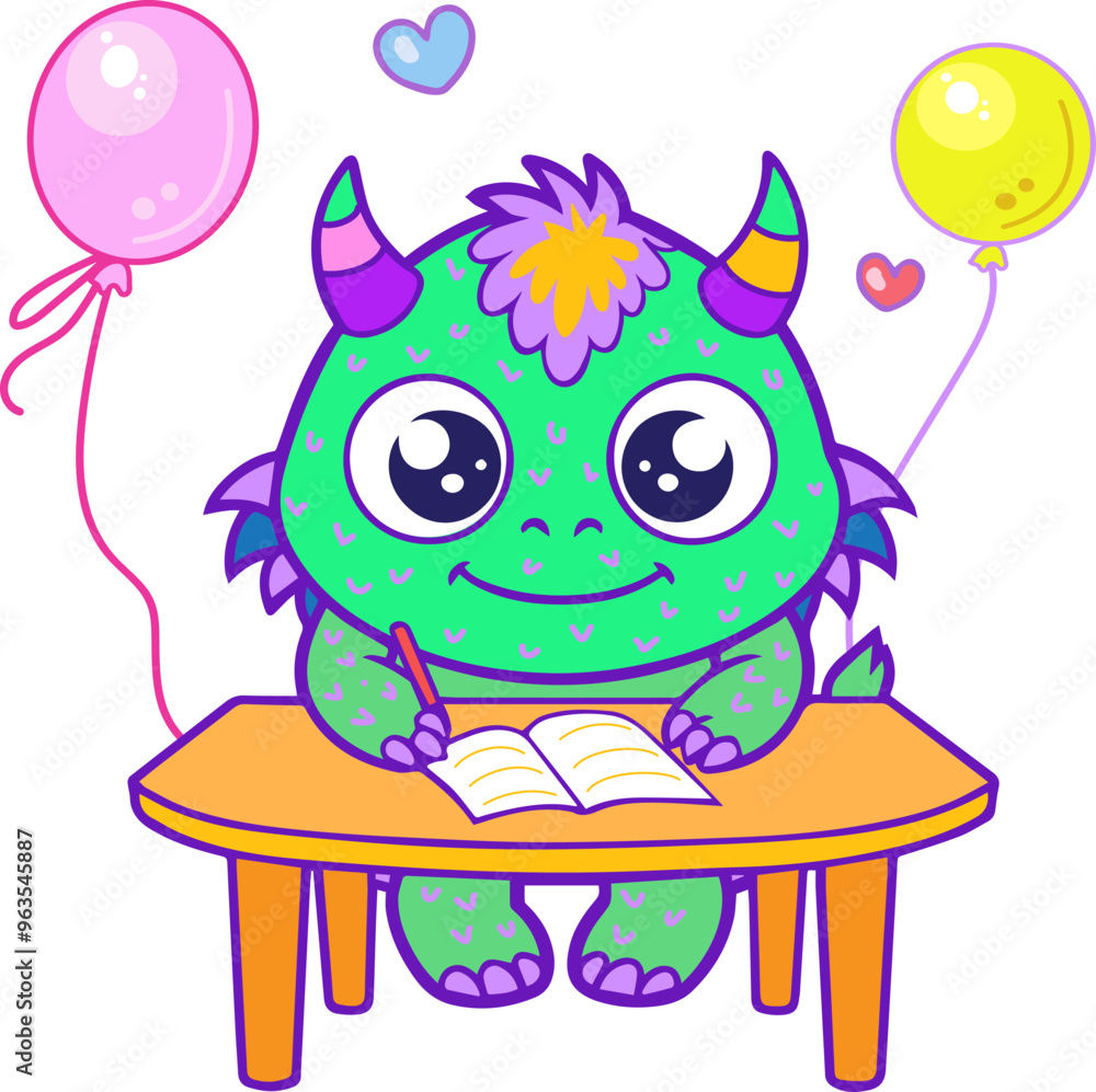 Fototapeta premium Cute little monster with birthday balloons learns to write and read sits at a table Cheerful ghosts in costumes for Happy Halloween Dance party sign for invitation book cover card
