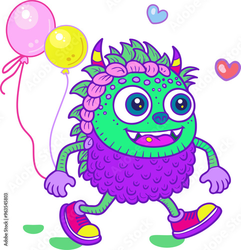 Cute little monster with birthday balloons run hurries to a birthday party brings gift to a friend Cheerful ghosts in costumes for Happy Halloween Dance party sign for invitation book cover card