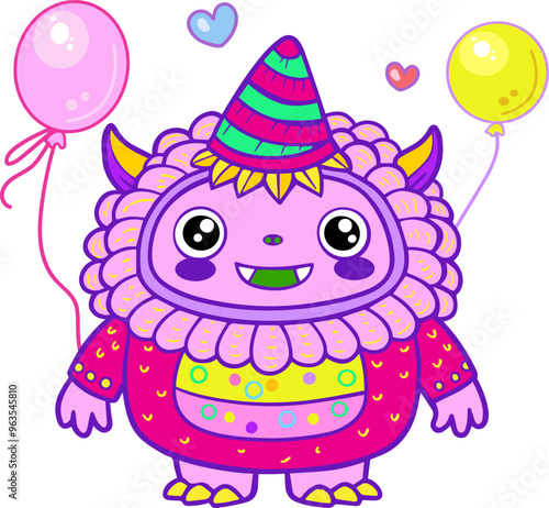 Cute little monsters with birthday balloons runs hurries to a birthday party brings gift to a friend set Cheerful ghosts in costumes for Happy Halloween Dance party sign for invitation book cover card