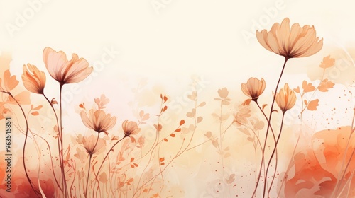 Abstract spring season floral Background. Warm tone blossom wallpaper design with wild flowers, blooms and leaves. Line art and watercolor texture perfect for banner, prints, wall art, decoration.