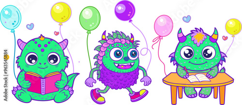 Cute little monsters with birthday balloons runs hurries to a birthday party brings gift to a friend set Cheerful ghosts in costumes for Happy Halloween Dance party sign for invitation book cover card