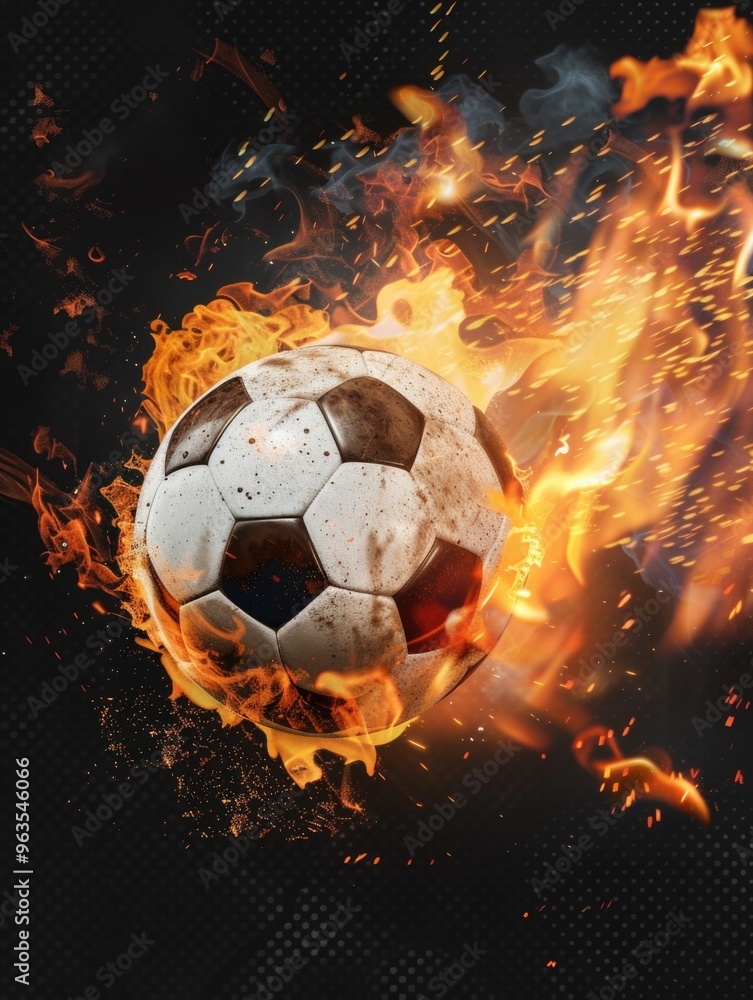 Naklejka premium A soccer ball is on fire and surrounded by sparks. Concept of danger and excitement, as the ball is in the midst of a fiery explosion