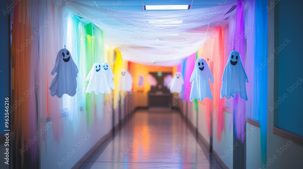 School hallway decorated with hanging ghost figures and colorful lights for Halloween. Fun and festive atmosphere. School hallway decorated with hanging ghost figures and colorful lights for Halloween. Fun and festive atmosphere.