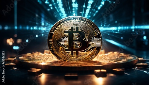 A futuristic depiction of Bitcoin in a digital environment filled with bright lights. This image emphasizes the forward-looking and innovative nature of cryptocurrency and its place in the modern