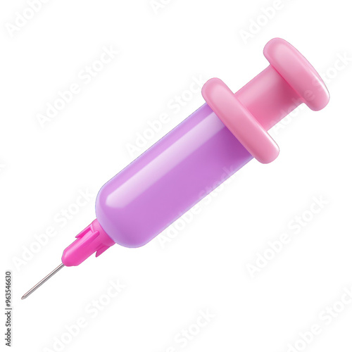 Colorful syringe designed for medical use, featuring a pink and purple body for a friendly appearance. 3d render photo