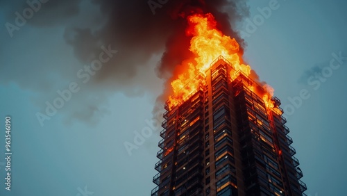 Devastating Blaze Engulfs Skyscraper, A towering skyscraper consumed by an intense, rapidly spreading fire. The inferno illuminates the dark, cloudy sky with bright orange and yellow flames.