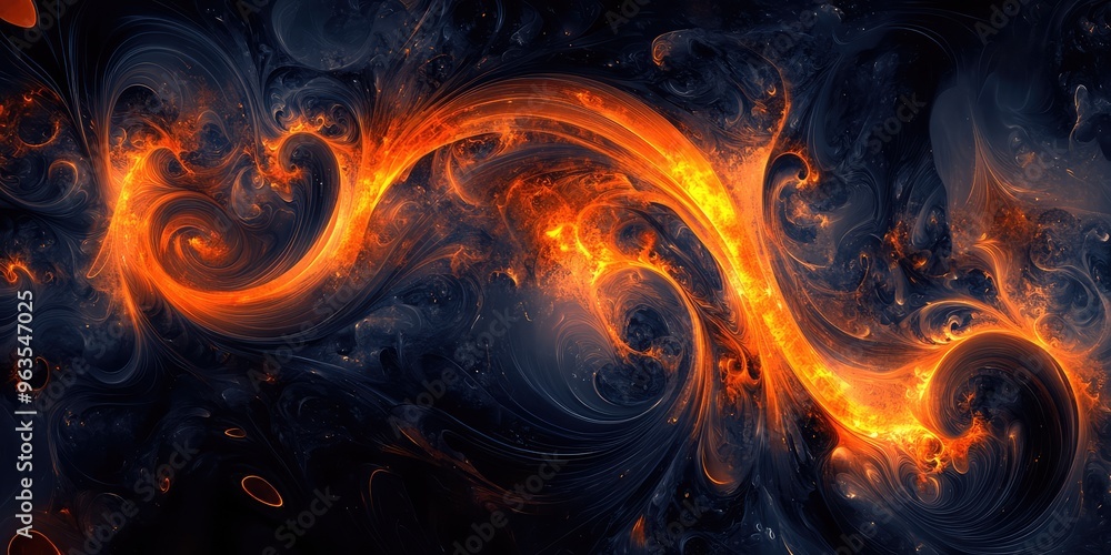 Abstract design featuring dark swirling patterns with glowing orange. AI generated illustration Abstract design featuring dark swirling patterns with glowing orange. AI generated illustration