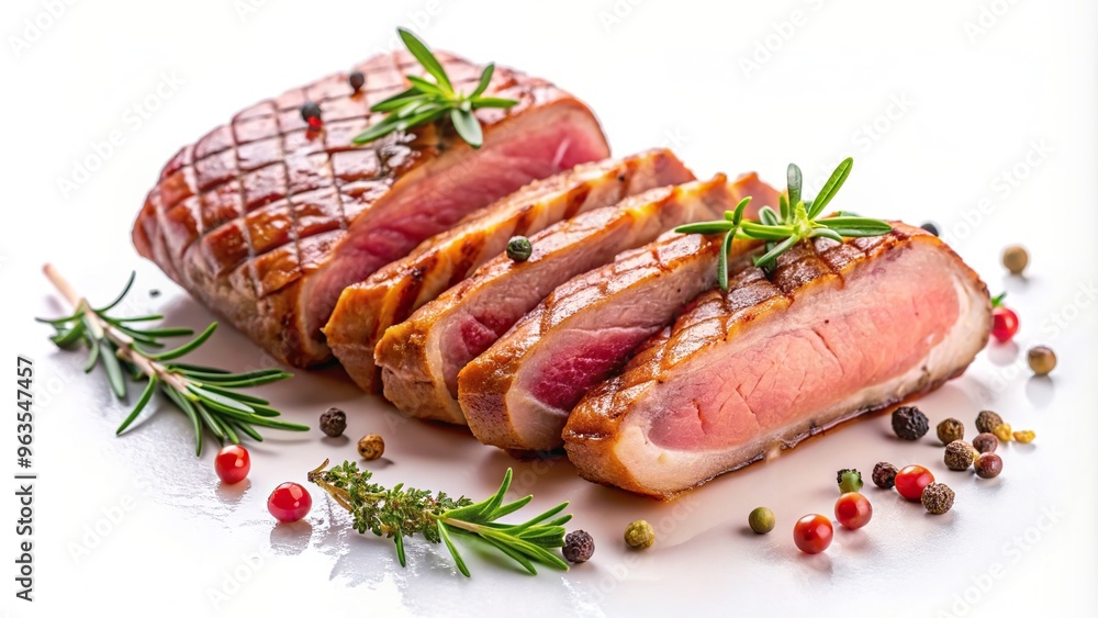 Marinated duck fillet on a white background, marinated, tasty, fillet, cuisine,duck, succulent, presentation, delicious, entree, food, savory, freshness, plating, protein, meat Marinated duck fillet on a white background, marinated, tasty, fillet, cuisine,duck, succulent, presentation, delicious, entree, food, savory, freshness, plating, protein, meat