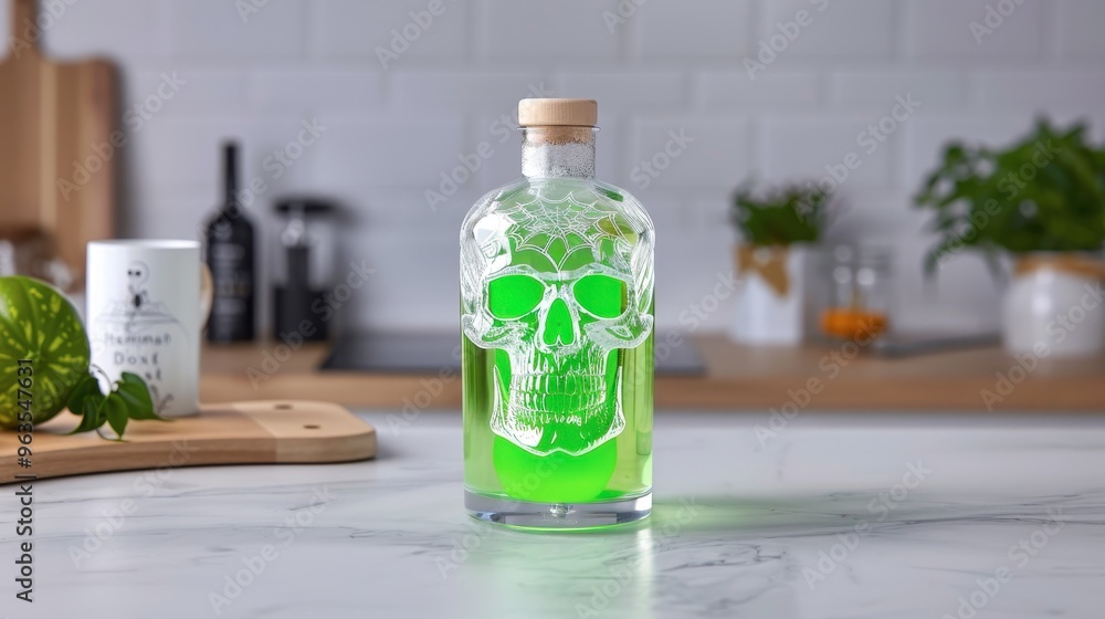 35. Unique Halloween bottle with a delicate skull design, glowing green potion inside, beautiful and perfect for display 35. Unique Halloween bottle with a delicate skull design, glowing green potion inside, beautiful and perfect for display