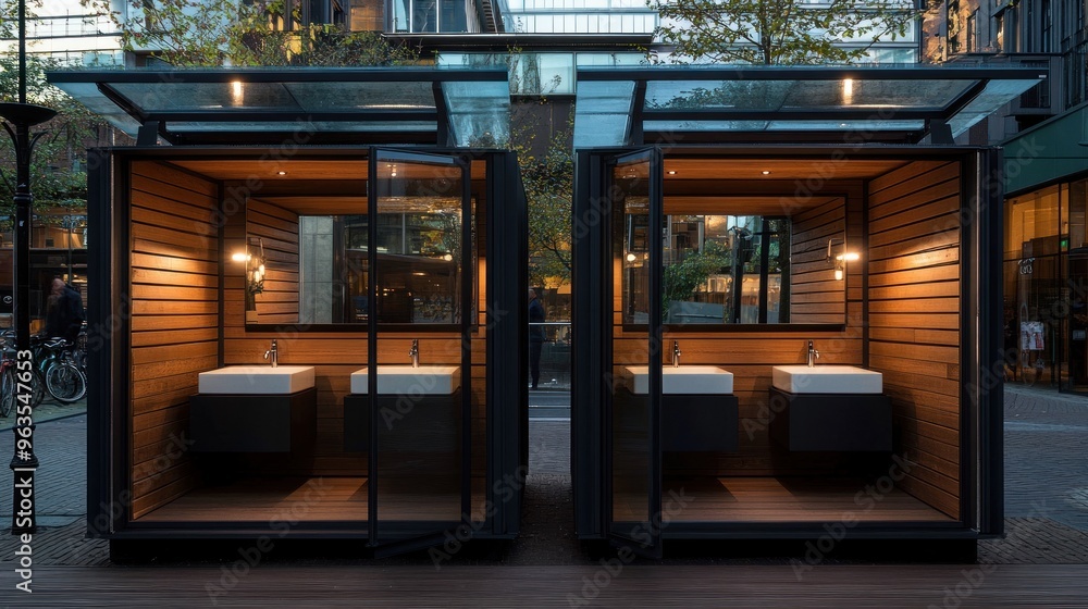 Modern Public Restrooms with Wooden Panels Modern Public Restrooms with Wooden Panels