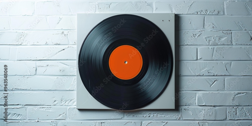 Obraz premium A black and orange record is displayed on a white wall. The record is placed on a white surface, and the wall is made of bricks. Concept of nostalgia and a connection to the past