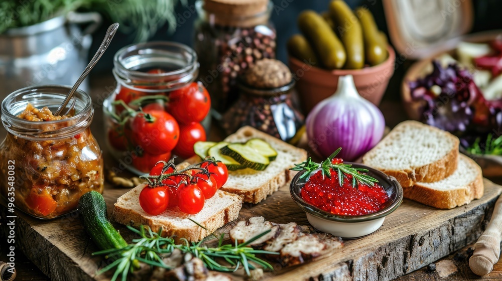 A wooden tray with a variety of food items including bread, tomatoes, pickles, and onions A wooden tray with a variety of food items including bread, tomatoes, pickles, and onions
