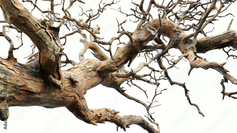 Fototapeta premium A tree with many branches and a trunk that is brown and has a lot of holes. The branches are thin and the trunk is very thin