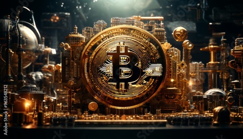 A detailed golden Bitcoin symbol is prominently displayed amid a complex arrangement of industrial gears and machinery, symbolizing the intersection of digital currency and technological innovation photo