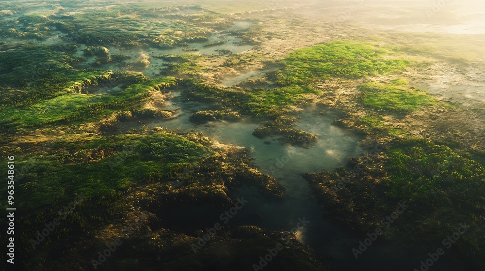 Aerial perspective of fragmented ecosystems in a changing climate, highlighting the interconnectedness of environmental challenges. Aerial perspective of fragmented ecosystems in a changing climate, highlighting the interconnectedness of environmental challenges.