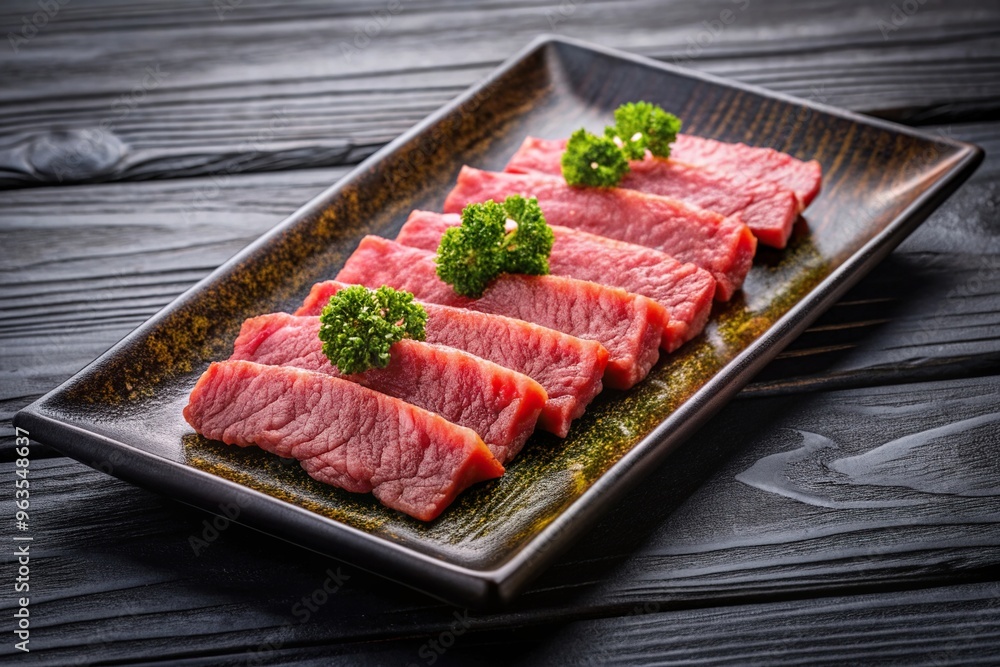 Wagyu beef sliced on a rectangular black plate served at a grill restaurant called Fisheye, sliced, marbled, plate presentation, gourmet, grill restaurant, tender, appetizing, premium Wagyu beef sliced on a rectangular black plate served at a grill restaurant called Fisheye, sliced, marbled, plate presentation, gourmet, grill restaurant, tender, appetizing, premium