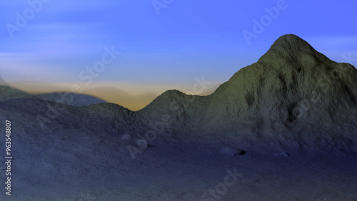 Virtual landscape with mountains and vibrant skies. 3D render
