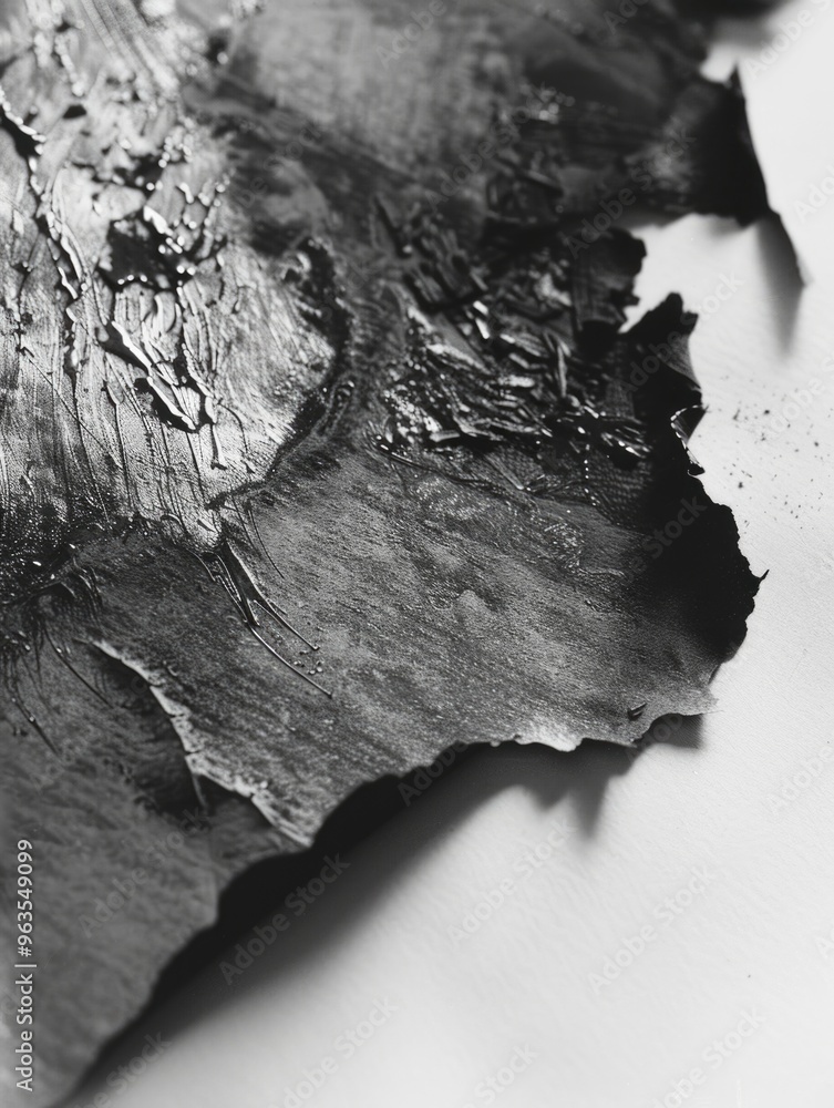 A black and white photo of a piece of paper with a black paint stain on ...