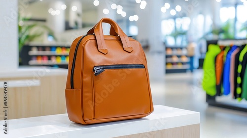 Futuristic Augmented Reality Display of Stylish Leather Backpack with Pocket Organization, Quality Material, and Size Options in Trendy Store