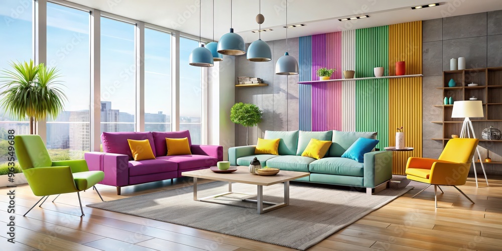 Modern bright interior design featuring sleek furniture and vibrant accents Modern bright interior design featuring sleek furniture and vibrant accents