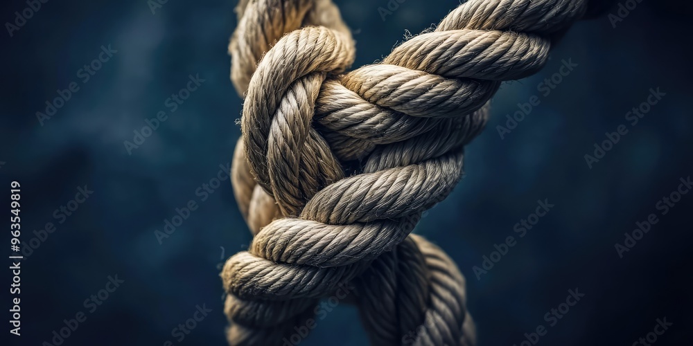 Close-up of a thick rope knot on a dark background, concept of strength, unity, and resilience. AI generated illustration Close-up of a thick rope knot on a dark background, concept of strength, unity, and resilience. AI generated illustration
