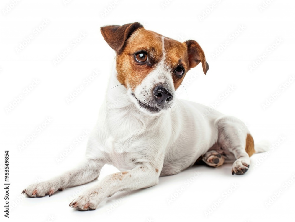 A small dog with brown and white fur is laying on a white background. The dog has a sad expression on its face A small dog with brown and white fur is laying on a white background. The dog has a sad expression on its face